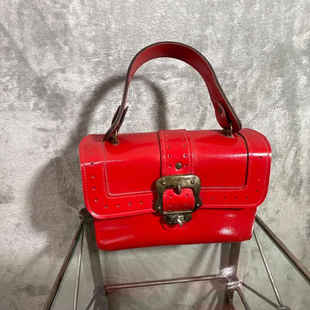 Vintage Box MCM Retro Footed Handbag with Top Handle Turn-Lock Closure Red